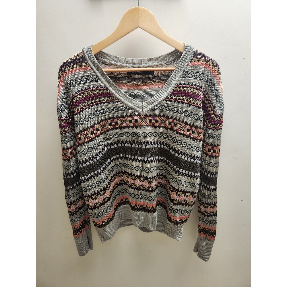 Lauren Ralph Lauren Metallic Fair Isle V-Neck Sweater Silver Multi XL‎